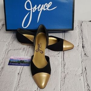 VINTAGE Joyce Smiley Flats Black Linen & Gold Metallic Upper USA  VGUC In Box